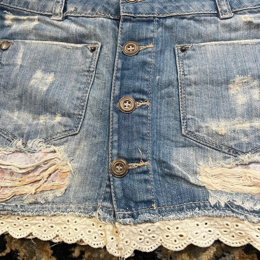 Bershka Distressed Denim Mini Skirt with Lace Hem - Picture 2 of 8
